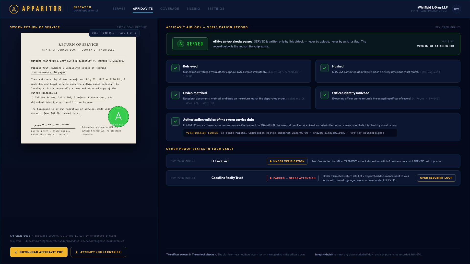APPARITOR Dispatch mockup: a verified affidavit arriving in the proof vault, retrieved, hashed, and order-matched.