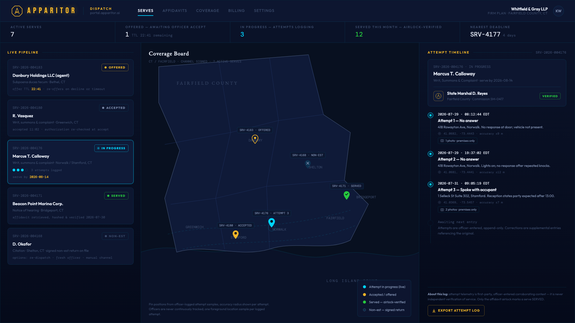 APPARITOR Dispatch mockup: the requester's live tracking board with attempt timelines and deadline clocks.